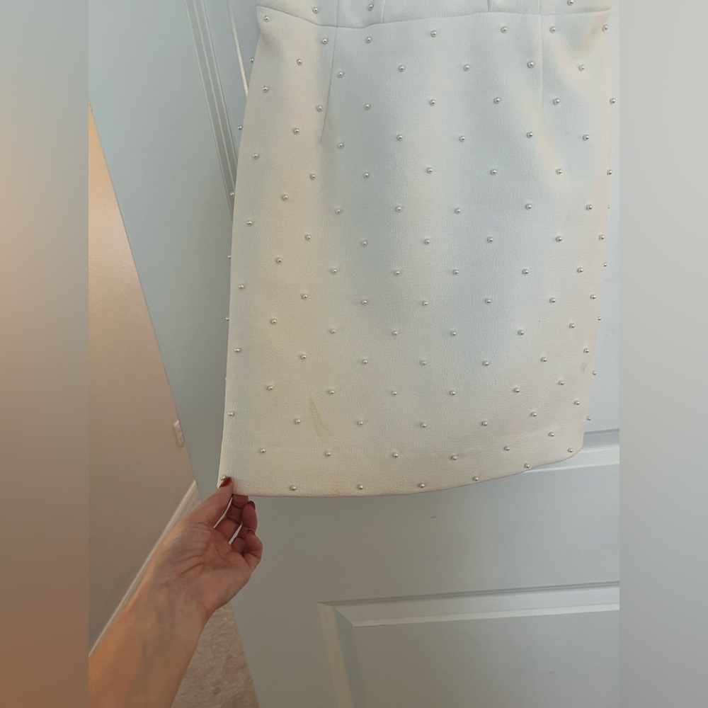 Rebecca Vallance White bow Mini Dress Puff Sleeves pearls bride size 2, 4 stains - Picture 7 of 16